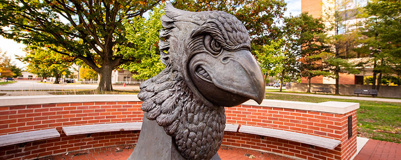 Reggie the bird head in bronze.